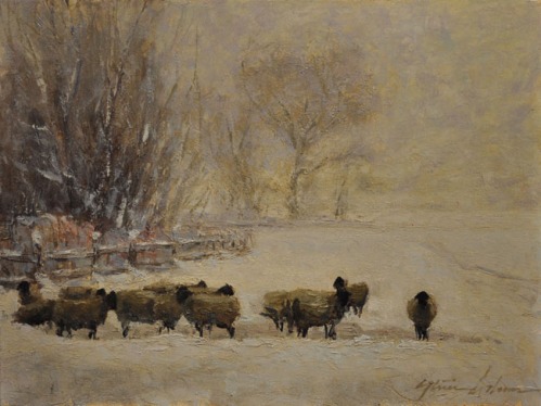 Winter Sheep, by Steven Lee Adams, oil; on canvas, 12" x16"